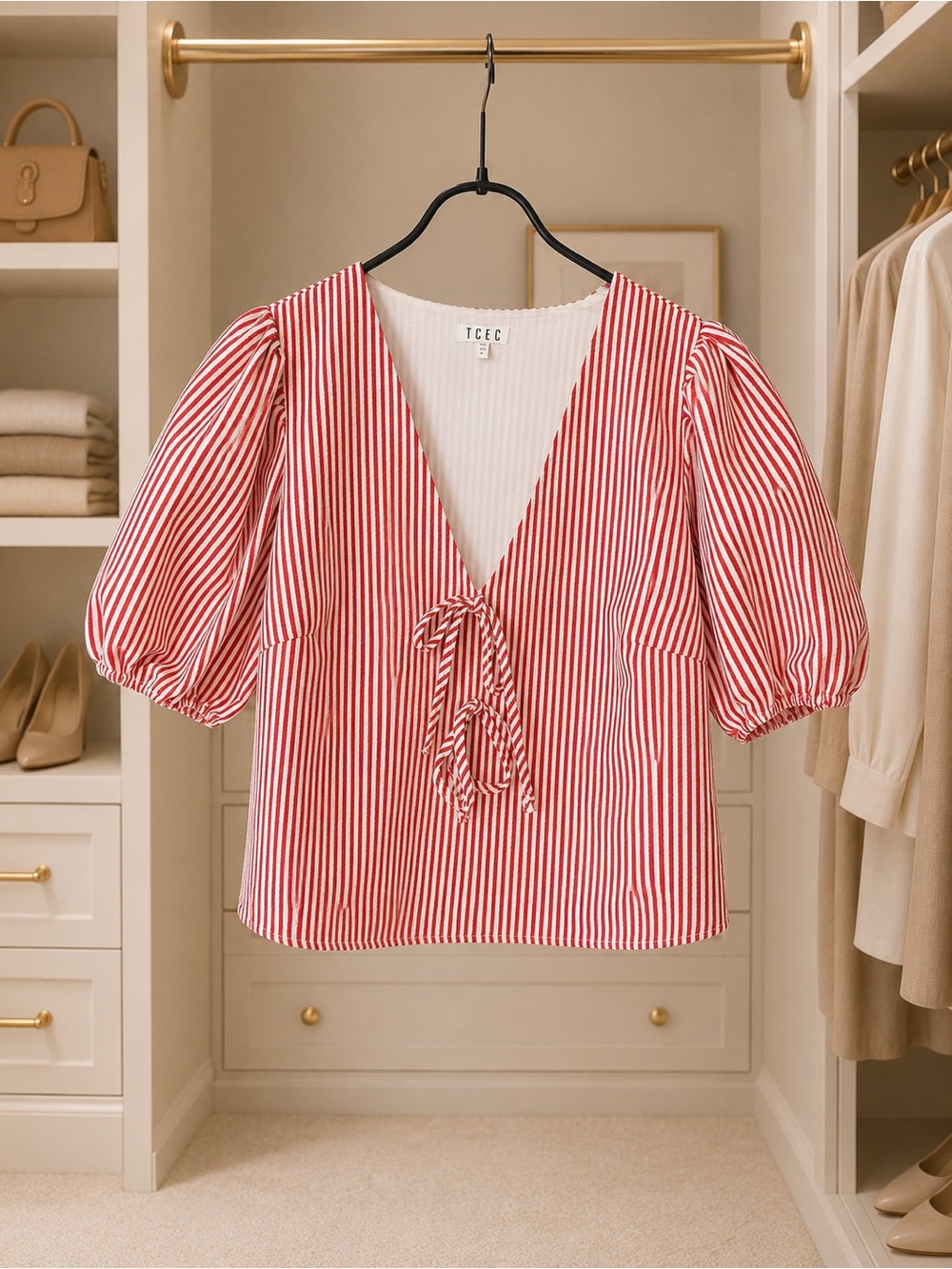 TCEC Red & Off White Striped Puff Sleeve Bow-Front Blouse Large